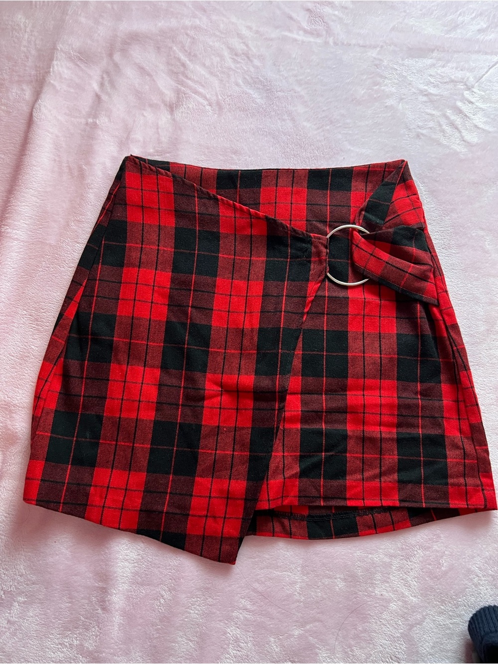 Red and Black Plaid Wrap Skirt with Metal Ring Detail